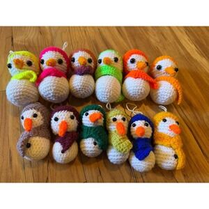 Lot of 12 Handmade Crocheted Snowmen Ornaments – Two Sizes & Colorful Scarves ☃️